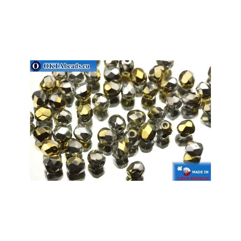 Czech fire polished beads gold silver (00030/98550) 4mm