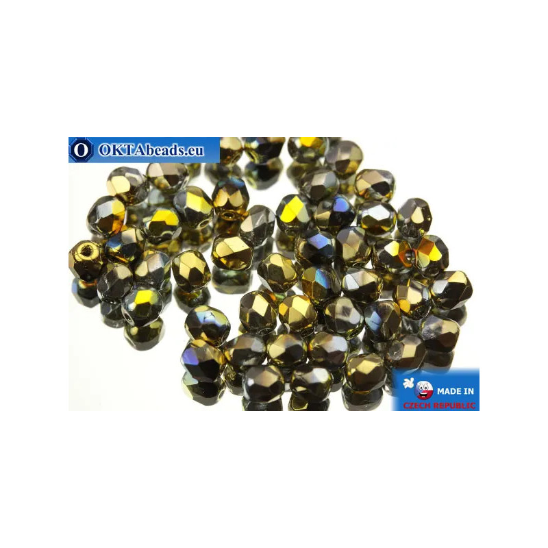 Czech fire polished beads iris gold silver (00030/98551) 4mm